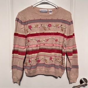 Alfred Dunner Vintage Beige Pink Green Embroidered Floral Long Sleeve Top